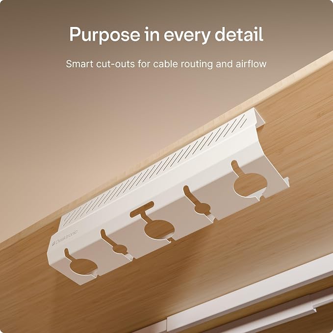 Desktronic Cable Duct Desk White Set of 2 - Stainless Steel Cable Management Desk Cable Duct with 5 Cable Cut-Outs - Easy to Install Cable Organiser - Cable Holder