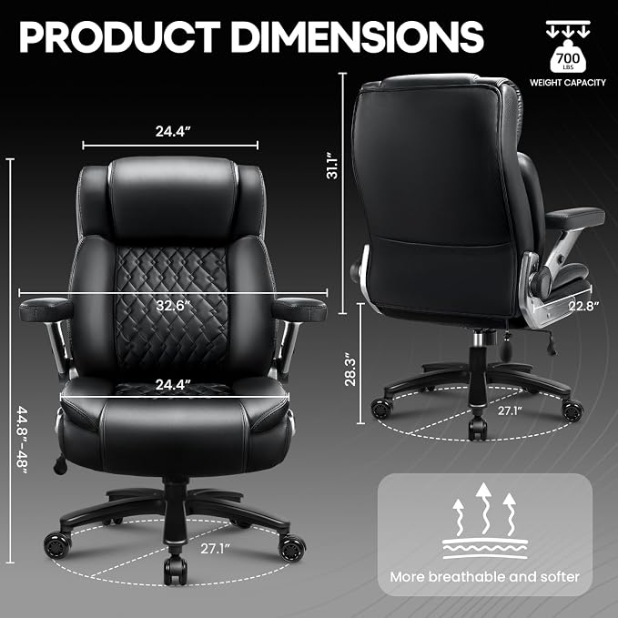 OFIKA 700LBS Large Heavy Duty Office Chair with 5D Flip Arms, Big and Tall Office Chair,High Back Computer Executive Desk Chair with Adjustable Lumbar Support,Dual Rubber Wheel(Black)