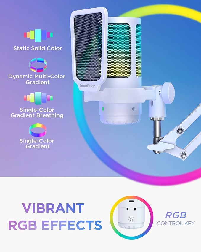 InnoGear Gaming USB Microphone, Noise Cancellation Condenser Mic with Mute, Gain, RGB Indicator, Boom Arm Stand for Streaming, Podcast, Twitch, YouTube, Discord, PC, Computer, PS4, PS5, Mac, White
