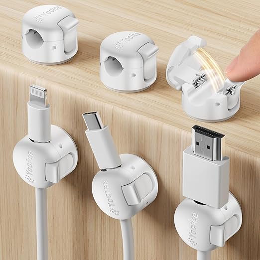 6 Pack Spring Cable Clips,Cord Organizer with Clasp Lock Desk Cable Management Cord Holder Adhesive Phone Charger Cord Clips for Home Office Car Wall Nightstand Accessories White
