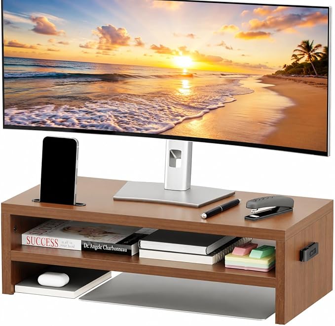 BONTEC Walnut Monitor Stand Riser, 21.3 Inch 2-Tier Wood Desk Shelf for Monitor & Laptop, Desktop Organizer with Cable Management and Phone Holder, Ergonomic Computer Riser, 66 lbs Capacity
