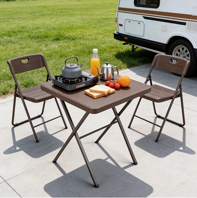 Folding Table, 27 Inch Square Foldable Card Table No Assembly, Portable Coffee Table with Heavy Duty Steel Frame Supports to 400lbs, Ideal for Small Spaces, Picnic, Camping, RV Travel, Parties, Brown