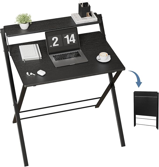 DUMOS Small Folding Desk with Shelf, No-Assembly Foldable Computer Desk for Tight Spaces, Portable Table for Bedroom, Home Office, Dorm or Apartment, Ink