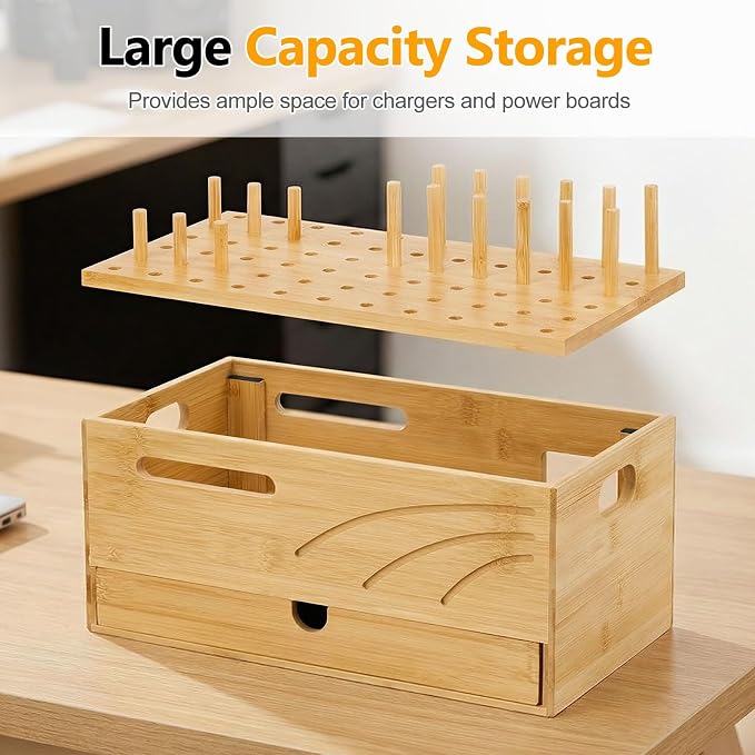 Homde Office Charging Station Organizer: 2 Layer Charger Holder (Natural) | Bamboo Electronic Docking Stand for Multiple Devices Tablets Phones - Drawer for Home