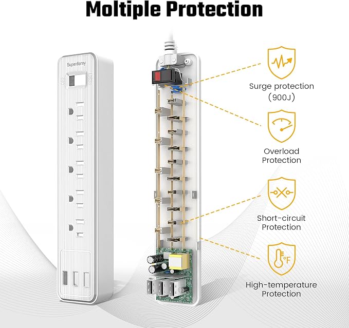 Power Strip, SUPERDANNY Surge Protector, 5 Outlets, 3 USB Ports, 4.5 Ft Extension Cord, 900 Joules, Mountable, Overload Switch, Protected Indicator Light, Multiple Protections for Home Office, White