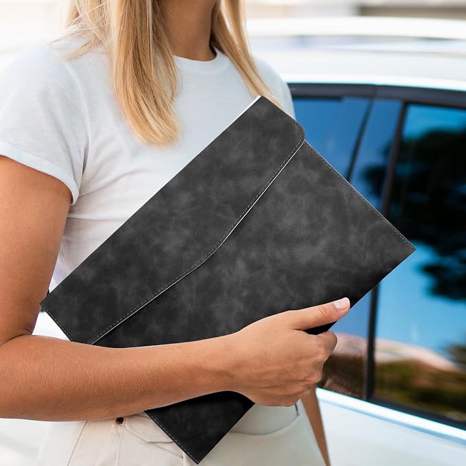 Resume Folder, Leather File Folder Black File Folders Travel Document Holder A4 Holders Waterproof Portfolio with Snap Button Closure Filing Files Organizer for Letter Size PU Envelope Case