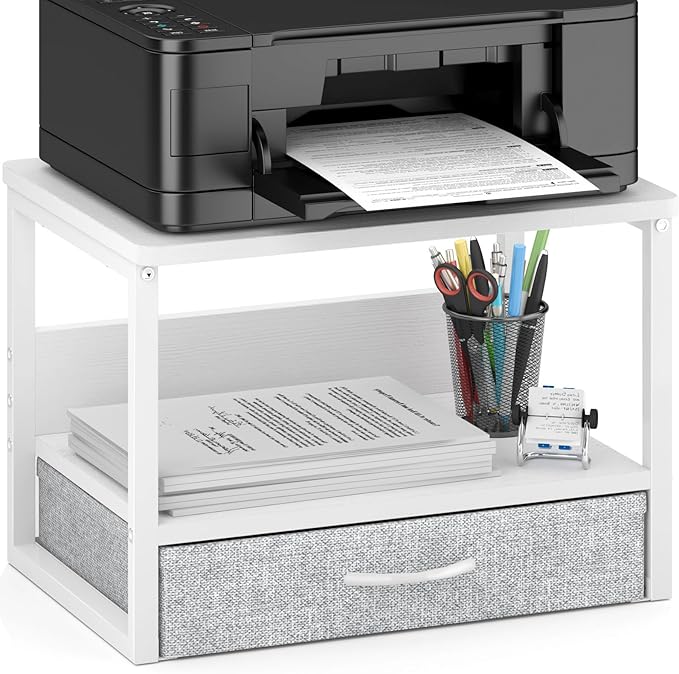 MARTY Desktop Printer Stand with Storage Drawer, Printer Riser for Desk | 2 Tier Printer Shelf, Small Printer Table for Home Office, for Fax Machine Copier Scanner, Desk Organizer, 17.1"x12.4", White