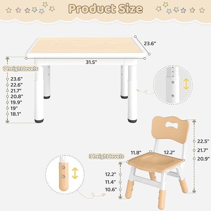 DOREROOM Adjustable Kids Table & 4 Chairs Set, 31.5"L x 23.6"W, Multicolor | Graffiti Desktop,Table Supports 300 lbs,Toddler Ages 2-8，FSC-certified, Children Activity Table for Daycare, Classroom, Home