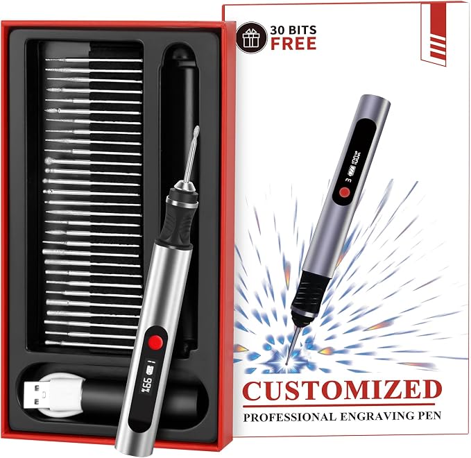Engraving Pen, Ultimate Cordless Engraving Pen for Artists & DIYers - Engrave 60+ Surfaces - Beginner Friendly- 30 Bits & Mastery Guide (Grey)