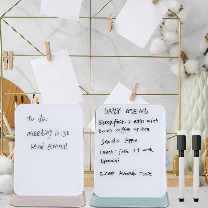 Dunzoom 2 Sets 4 Pcs Small Glass Desktop Whiteboard with Reversable Stand 8x6 Inch Mini Dry Erase White Board Easel with 2 Markers Reusable Desk Notepad for Home Office School Supplies (White,Green)