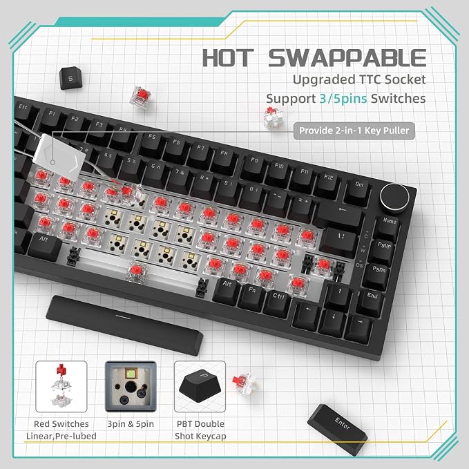 Attack Shark ajazz AK820 Mechanical Gaming Keyboard with Knob 75% Keyboard Hot Swappable Type-C Wired Gasket 5-Layer Noise Absorbing Foam White LED Backlit NKRO Linear Red Switch for PC/Win/Mac-Black