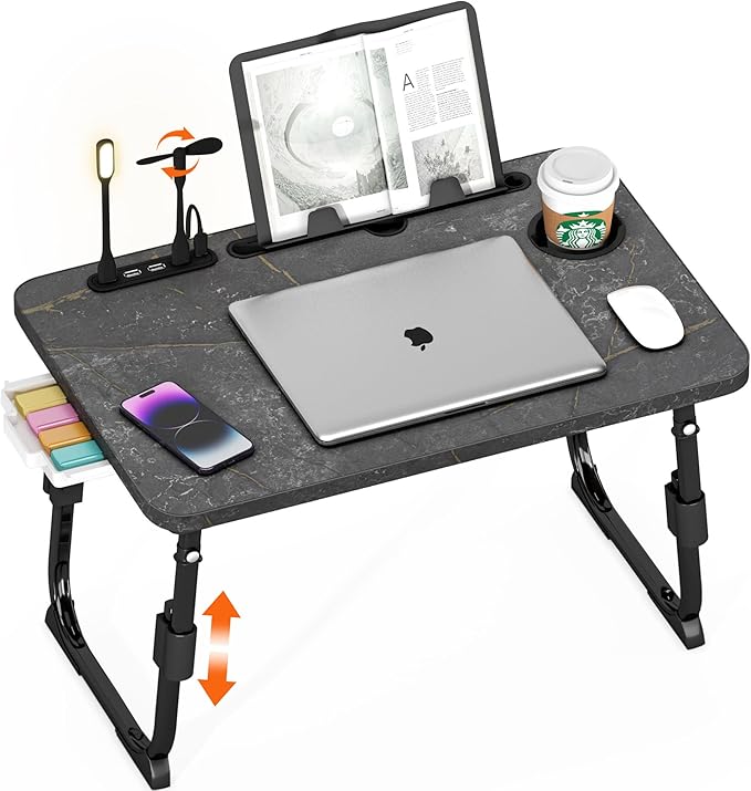 Lap Desk for Bed, Adjustable Laptop Desk with USB Charging Port, Storage Drawer & Bookshelf — Foldable Bed Desk for WFH & Students, 23.6" Desktop Fits 17" Laptop, Non-Slip, Deep Stone Texture