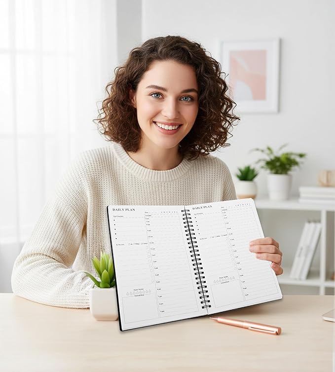 Daily Planner Undated, A5 To Do List Notebook with Hourly Schedules, Spiral Time Management Organizer for Man Women, 8.3" x 5.6" 152 Pages Black