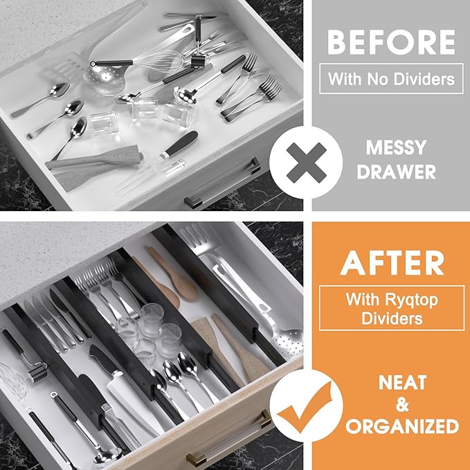 Bamboo Drawer Dividers, Adjustable Drawer Organizers, Fits 17.6–21" Drawers | 2.5" High, 4 Pack Expandable Drawer Separators for Kitchen, Nursery, Dressers & Office Storage, Black