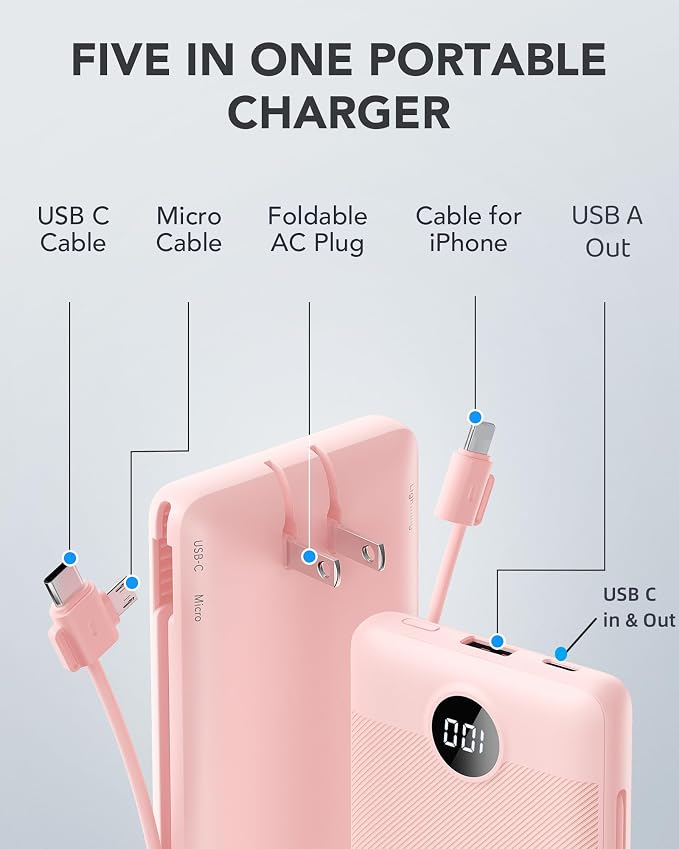 VRURC Portable Charger Built-in Cables and AC Wall Plug,Power Bank 10000mAh | Travel Essentials Phone Charger Compact Lightweight External Battery Pack For Smart Phones, Tablets etc-Pink