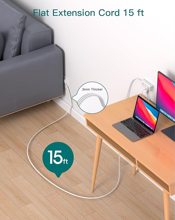 Flat Extension Cord 15 ft - Addtam Flat Plug Power Strip with 6 Outlets Extender, Long Extension Cord with Multiple Outlets, Wall Mount for Home Dorm Room Essentials, ETL Listed