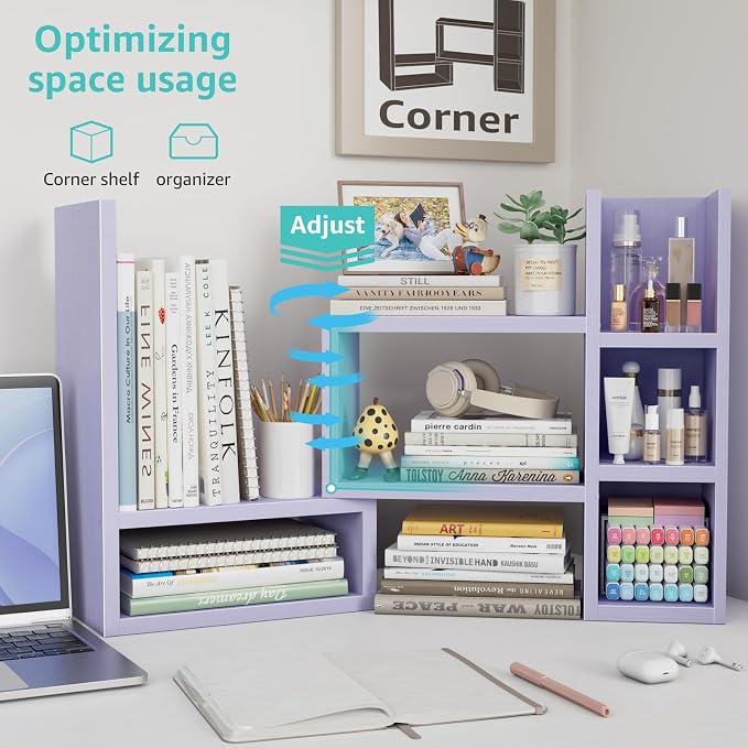 NUTIKAS Desk Shelves Desktop Organizer Shlef - Purple Office Organization for Top of Desk Organizers and Accessories Corner Bookshelf Table Top Shelving Small Hutch Decorations for Women Office