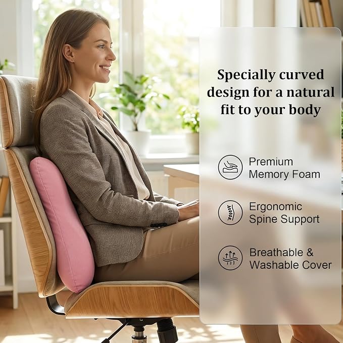 Pink Lumbar Support Pillow for Office Chair and Car Seat Soft Memory Foam Lumbar Pillow with Breathable Removable Cover Lower Back Pain Relief & Posture Support