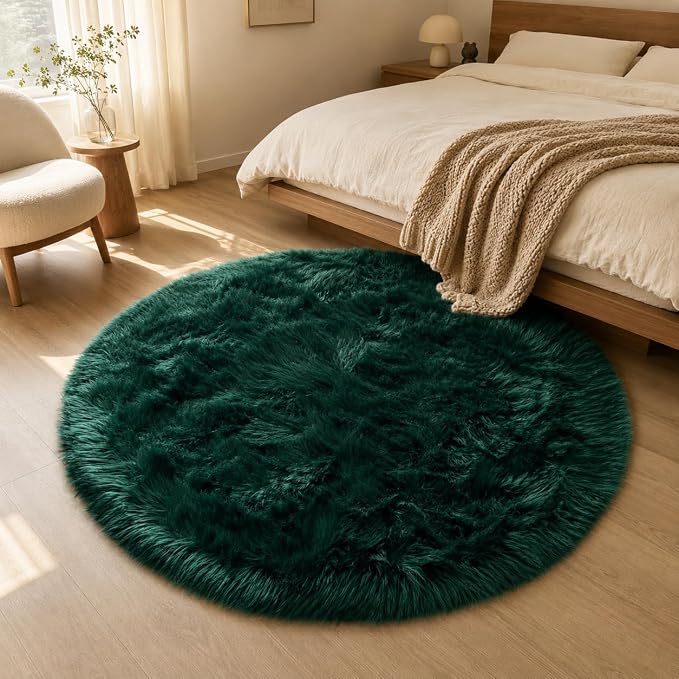 EasyJoy Faux Sheepskin Rug, Fluffy Faux Fur Rug, Ultra Soft Shag Area Rug with Non-Slip Backing for Bedroom, Living Room, Nursery, Kids Room (4 x 4 ft Round, Dark Green)
