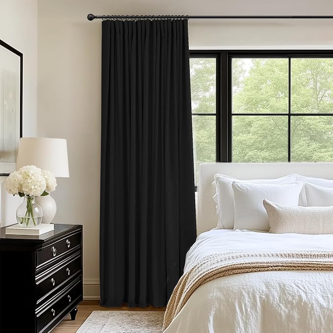 INOVADAY 100% Blackout Curtains for Bedroom, Black Out Curtains 84 Inch Long, Clip Rings Linen Blackout Drapes, Thermal Insulated Room Darkening for Living Room, 1 Panel - Black,W102xL84