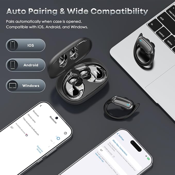 Wireless Earbuds Bluetooth 5.4 Headphones, 54H Playtime Stereo Earphones with Noise Cancelling Mic, IPX7 Waterproof, Fast Charging and Comfort Fit Ear Buds for Fitness/Sports/Workouts/Travel Black