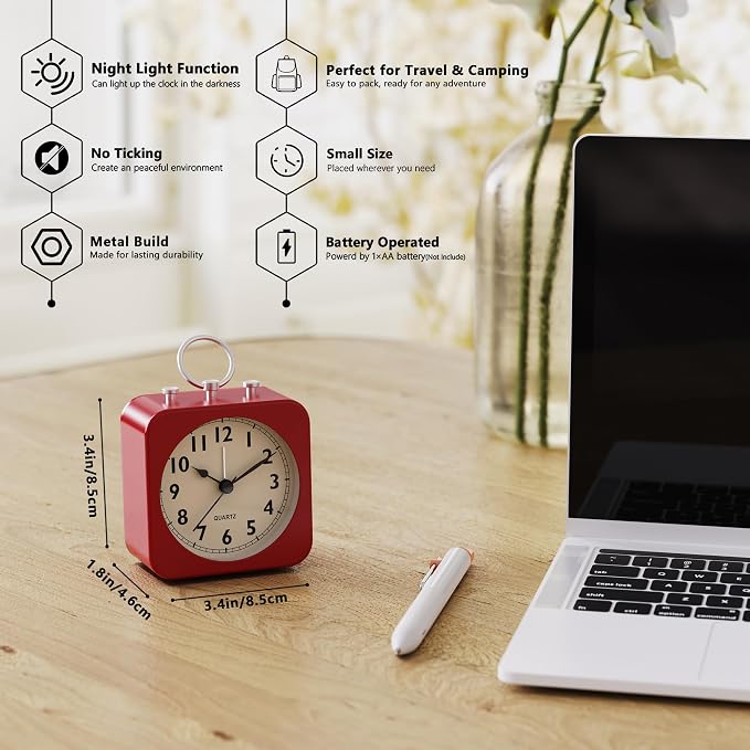 AYRELY® Small Metal Alarm Clock, Desk and Table Clock for Travel | Battery Operated Retro Silent Clock with Light for Bedroom, Bedside, Shelf and Living Room Decor (Red)