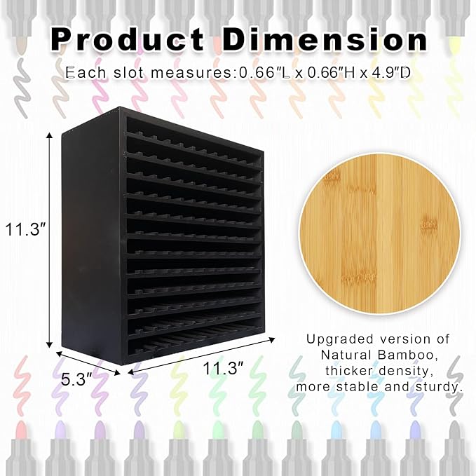 MinBoo Bamboo Marker Organizer Wooden Art Supply Storage Organizer Rack Art Markers Pens Colored Pencils Paint Brushes Stationary Organizer Holder (Black, Rack for 144 Markers)
