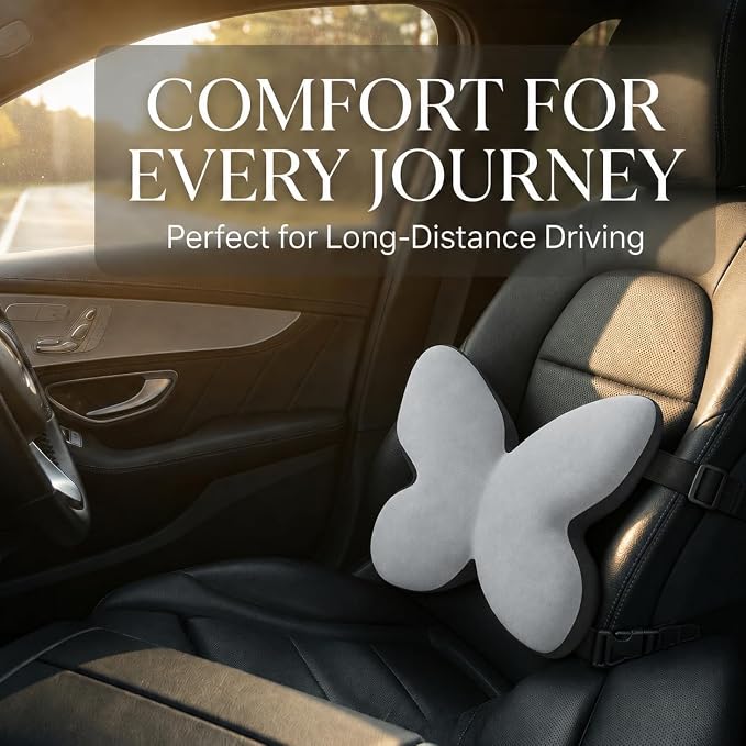 Butterfly Lumbar Support Pillow for Car and Chair, Gray | Memory foam back cushion with butterfly support, washable cover and dual adjustable straps for chairs and car seats