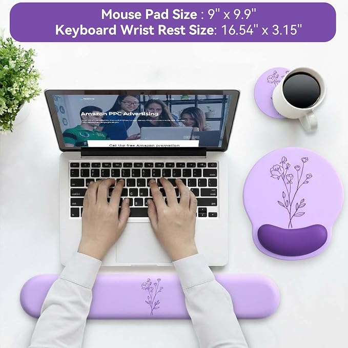 Mouse Pad with Keyboard Wrist Rest,Ergonomic Mouse Pad Wrist Support PU Base with Coaster,Mousepad with Nonslip Base for Computer Laptop Keyboard Home&Office