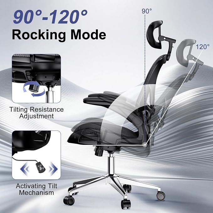 naspaluro Home Office Chair with Flip-up Armrests Adjustable Headrest Lumbar Support, Mesh Desk Chair 90-120°Rocking Chairs for Home Office, Study, Work & Gaming, Black