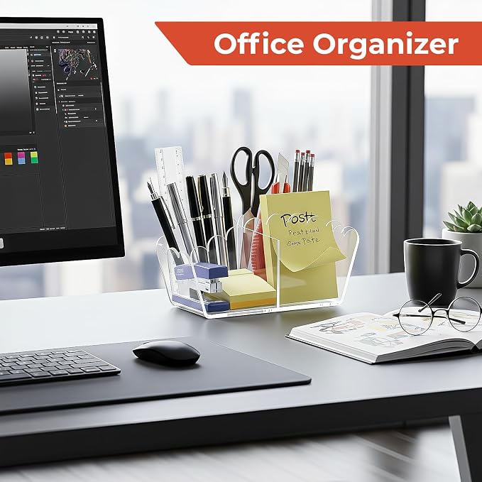 Chivalral Magnetic Side-Mount Acrylic Pen Holder - 2-Compartment Scalloped Organizer with Blackboard Attachment for Office, Classroom & Home Use