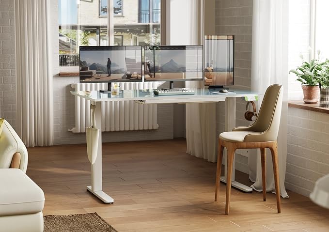 INNOVAR 55×24 Inch Morandi Blue Glass Standing Desk with Drawers | Tempered Glass Top, Ergonomic, Adjustable Height, Stand Up Desk,4 Memory Presets