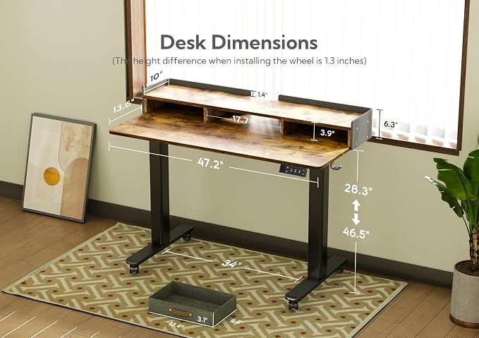 Claiks Standing Desk with Drawers & Wheels, 2 Height Shelf 48" Rustic Brown | 2 height adjust shelf, tabletop drawers, felt fence design, sturdy supports 176 lbs, 4 wheels, 2 tire monitor stand