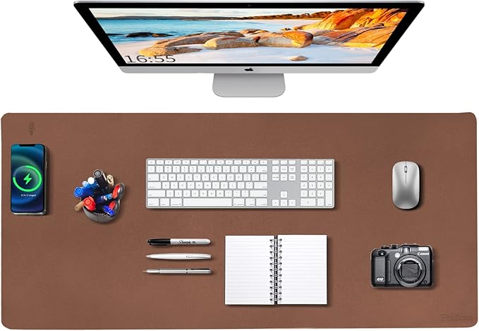 Desk Mat Wireless Charging Mouse Pad Large 32x16 Journey Desk Pad Mat with Wireless Charger Waterproof Leather Computer Mat with Phone Charger Mousepad Non-Slip for Keyboard and Mouse