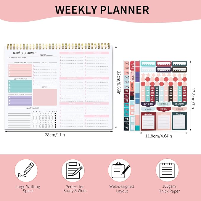 Weekly To Do List Notepad, 8.5''x11'' Weekly Desk Planner with 52 Tear Off Sheets Undated Weekly Planner Habit Tracker & Productivity Organizer for Home and Work, Pink