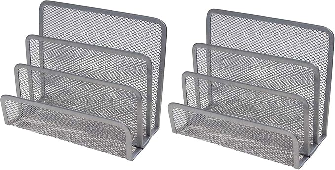 VANRA 2 Small Letter Sorters Desktop Envelopes Holder Organizer Metal Mesh | 2 Pack Desk Letter Organizer 4 Compartments Bills Holder Paper Sorter Letter Tray for Office School Storage (Silver)