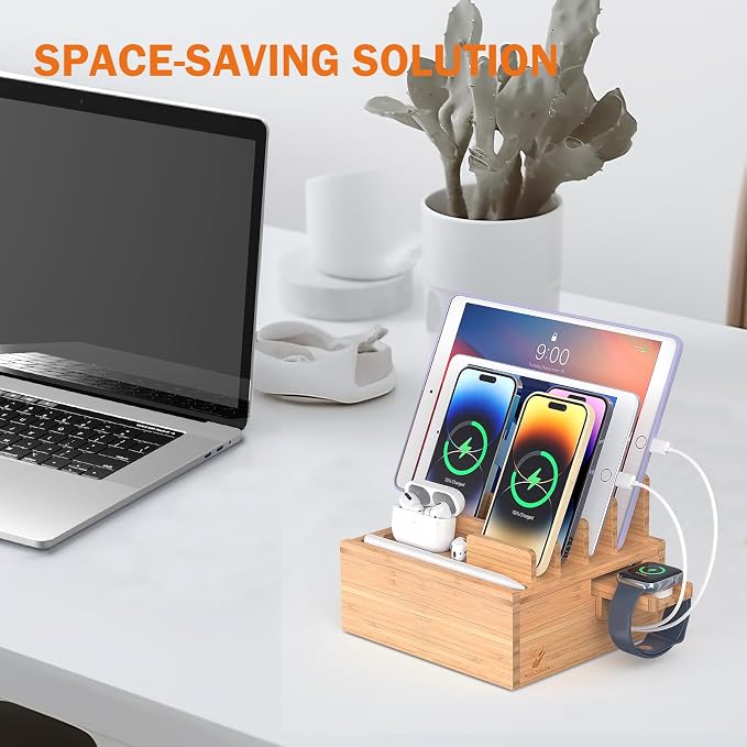 Pezin & Hulin Desktop USB Charging Station with Power Charger & Cables | Bamboo Charging Station for Multiple Devices, Desktop Charger Block, Compatible with Tablet, Cell Phone, Earbuds, Smartwatch