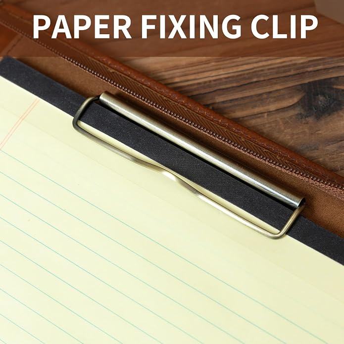 YIWEN Handmade Leather Portfolio with Handle – Zippered Front Pocket, Clip for Letter Size Notepad, Business Travel Padfolio