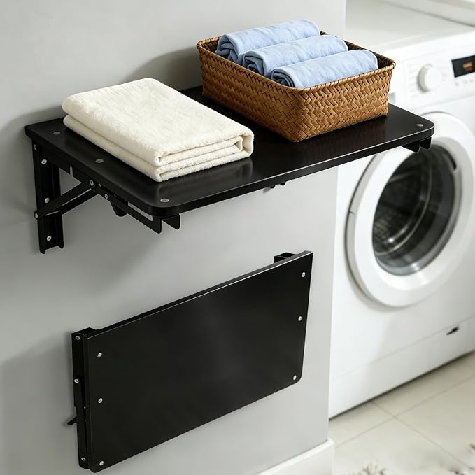 Wooden Folding Shelf Wall Mounted for Small Space, Wall Table for Living Room Bedroom Decor, Home Office Fold Down Desk, Media Shelves with Heavy-Duty Brackets Holds Up to 30lbs, 21.6"*11.8", Black