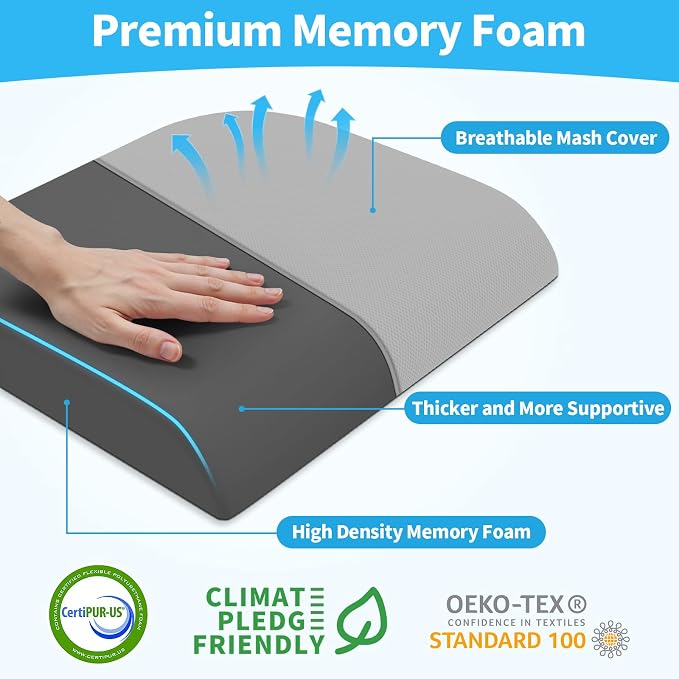 TranquilRelax Large Seat Cushion, Memory Foam Cushion for Long Sitting Hours on Office Chair, Home & Car, Non-Slip Chair Pad for Relieving Back & Sciatica & Hip & Coccyx Pain (Light Grey)