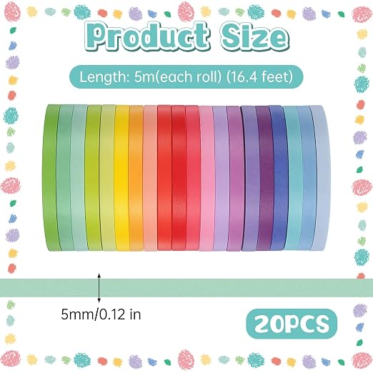 Skrfren 20 Rolls Washi Tape Set, 5mm Rainbow Pastel Colors Thin Decorative Masking Tape, Assorted Colorful Skinny Craft Tapes, Aesthetic Set for Journal, Planner, DIY, Scrapbooking, Gift Wrapping