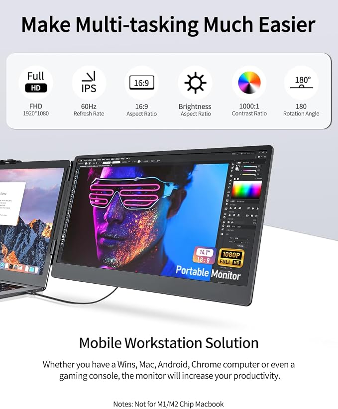 Macsecor Laptop Screen Extender, 14.1'' FHD 1080P Ultra-Slim Portable Monitor for Laptops, USB-C/HDMI Travel Monitor Extender Plug & Play for 13"-16" Laptop, Compatible with Wins/Mac/Android/Chrome