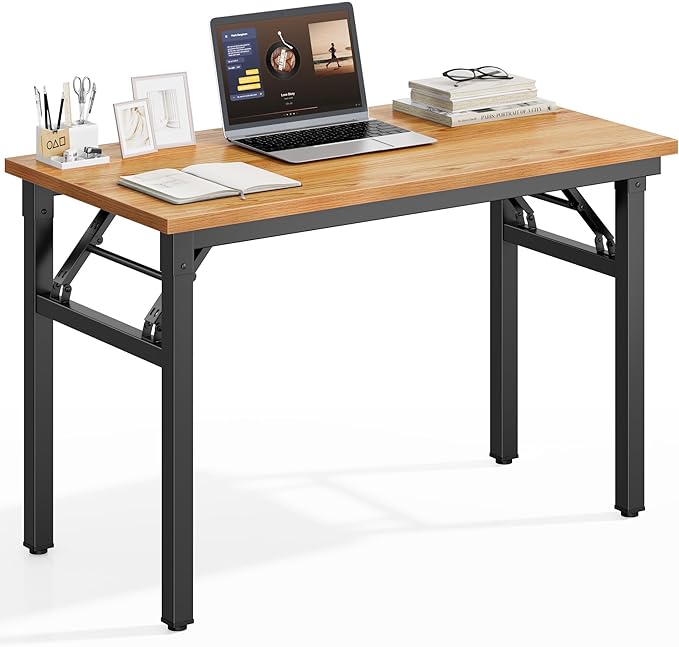 DlandHome Folding Desk for Small Spaces, 35.8'' Computer Desk Folding Table, Foldable Office Desk Computer Table Writing Workstation for Home Office, Study, Bedroom, No Assembly Required, Teak & Black