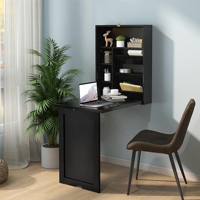 Wall Mounted Desk, Wood Collapsible Floating Desk, Convertible Computer Desk with Storage Area, Hanging Fold Out Table for Home Office, Small Spaces (Black)