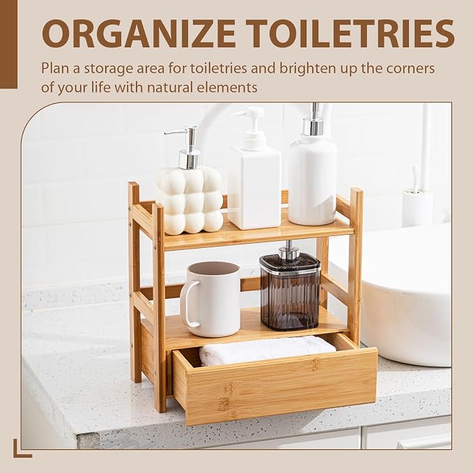 2 Tier Matcha Station Bamboo Organizer with Hidden Drawer, Wood Home Coffee Station Organizer for Kitchen Countertops, Coffee Bars, Kitchen & Office Storage(13 L x 6.5 W x 12.6 H)(Natural)