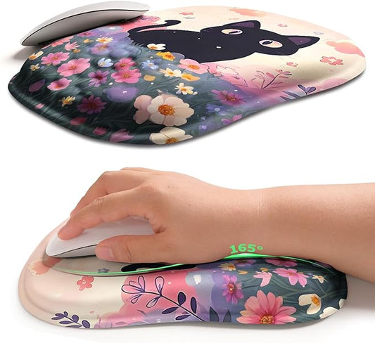 Hokafenle Ergonomic Wrist-Hugging Mouse Pad Wrist Support, U-Shaped Holding Wrist Rest Mousepad for Carpal Tunnel Pain Relief with Cushioned Memory Foam Slope Massage Bulge (10.2x8.3 in,Flower Cat)