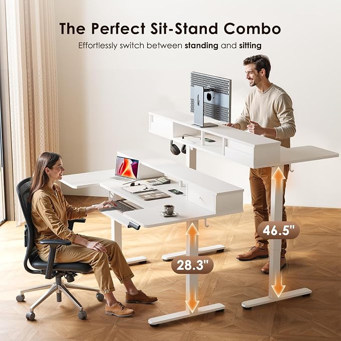 OffiGo U Shaped Electric Standing Desk with Drawers, 55 Inch Height Adjustable Desk with Keyboard Tray ＆ Ergonomic Monitor Stand, Sit Stand Table with Power Outlets for Home, Office, White