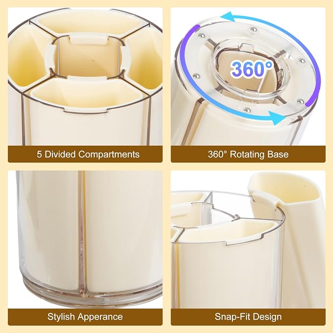 Comix 360° Rotating Pen Holder for Desk, Beige Pencil Holder with 5 Slots | Expandable Capacity, Acrylic Pen Organizer Easy to Clean, Cute Pencil Cup for Home School Office Art Supplies