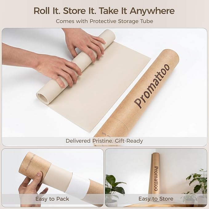 1.6mm Thick Leather 16x36 Inch Non-Slip Mat, Waterproof Countertop Protector, Wide Coffee Station/Large Office Desk Pad, Creamy White