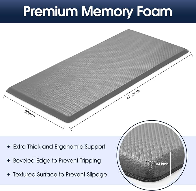 Kitchen Mat Cushioned Anti Fatigue, 0.75" Waterproof,Non Slip Kitchen Rugs, Memory Foam Comfort Mat for Standing at Home,Office,Sink,Laundry(20"x47.2" Grey)